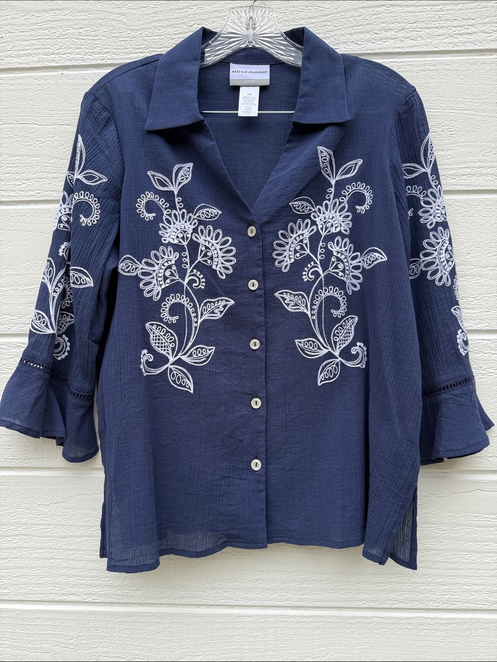 Alfred Dunner Navy Button-Down Shirt with White Floral Embroidery M-Petite.